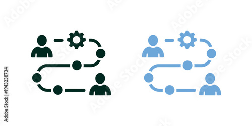 Outline icon set illustrating workflow process with connected nodes, gear symbol and user element, representing automation, system management and business processes.
