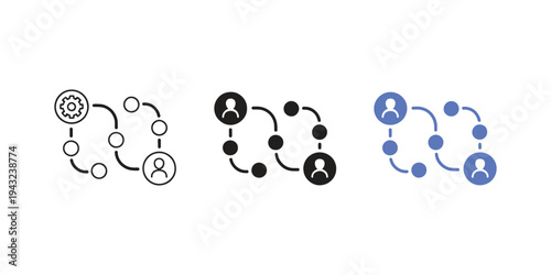 Outline icon set illustrating workflow process with connected nodes, gear symbol and user element, representing automation, system management and business processes.