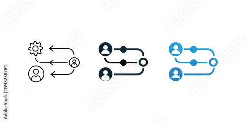 Outline icon set illustrating workflow process with connected nodes, gear symbol and user element, representing automation, system management and business processes.