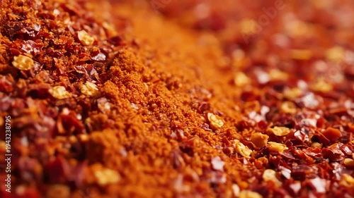 Close up of red spice powder with textured surface and macro details