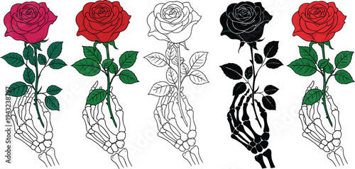 Skeleton hand holding red rose vector set with gothic floral line art and silhouette illustrations isolated on white background for.