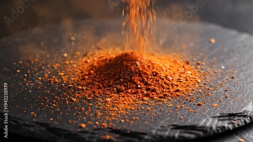 Close up of spice pouring onto dark surface culinary composition