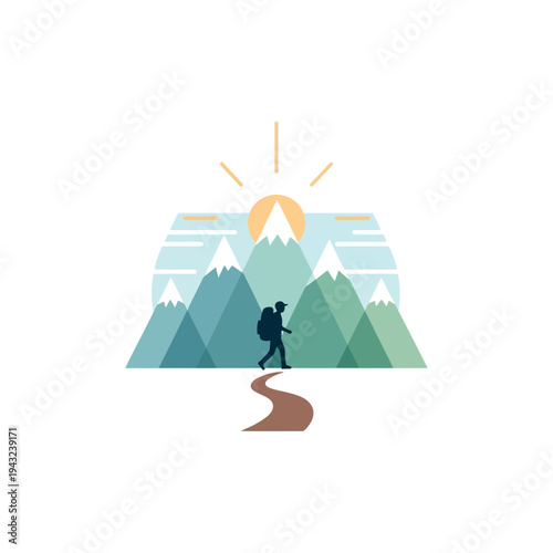 Hiker Walking on Mountainous Terrain Path.