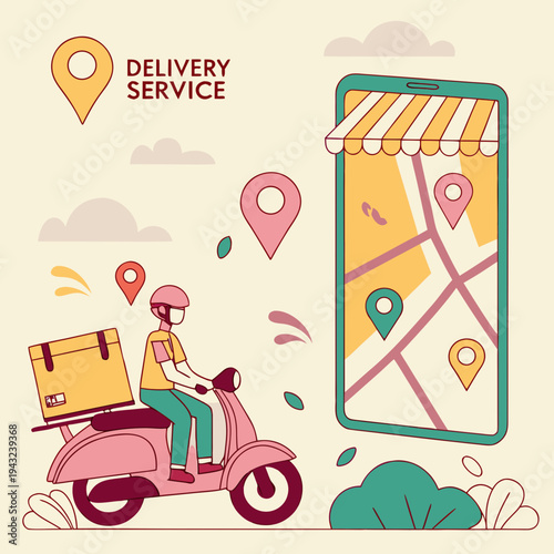 A vibrant illustration of a delivery service worker riding a scooter with a package, navigating through a map on a smartphone.