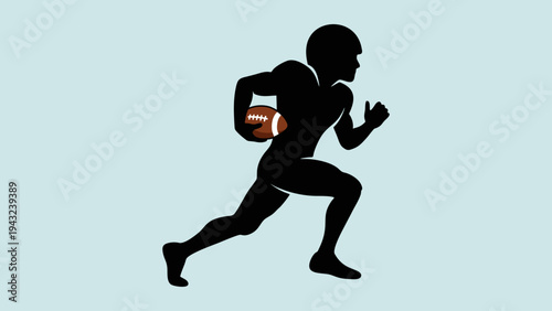 Silhouette of an American football player running with the ball, isolated on a light blue background, dynamic pose.