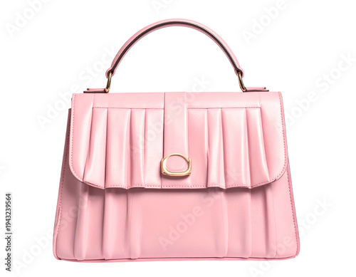 A pastel pink, structured handbag with pleated details and a gold buckle