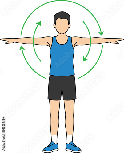 Man performing arm circle warm up exercise with green motion arrows in flat vector illustration isolated on white.