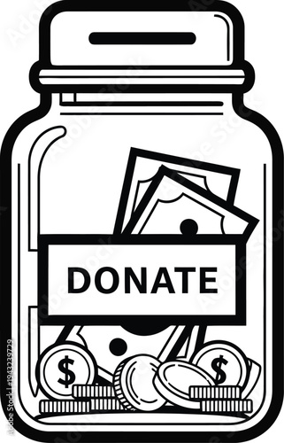 Donation jar with money and label