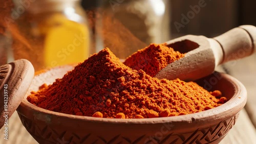 Close up of vibrant orange powder and wooden scoop in a ceramic bowl