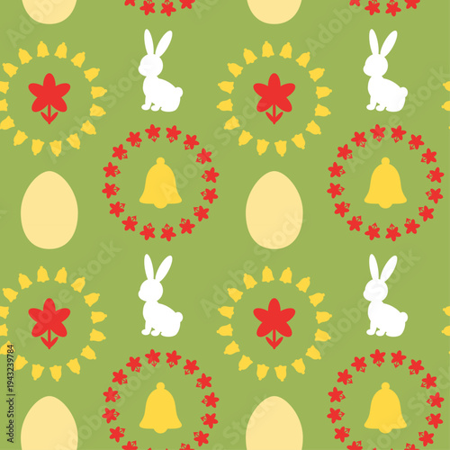 Easter seamless repeat vector pattern with elements, such as rabbit silhouette, egg, bell, flower in flat style in vibrant red, yellow, and green color on a green background