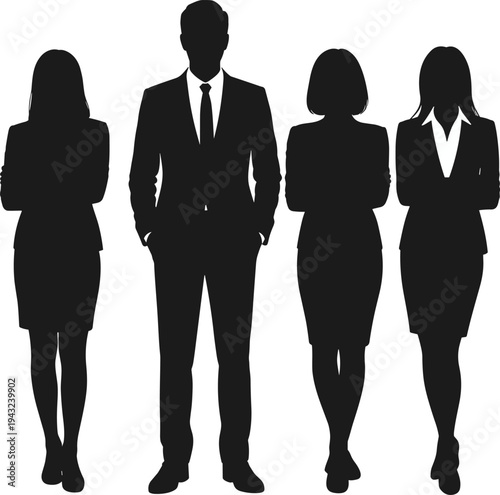 Silhouette illustration of business professionals standing side by side, corporate attire, teamwork, leadership, workplace diversity, gender representation, collaboration