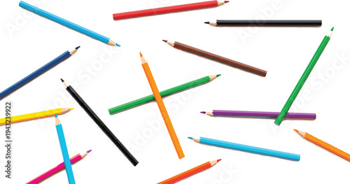 Top view vector illustration of colorful wooden pencils scattered on white background for back to school education creativity and art supplies design.