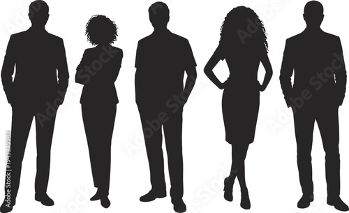 Silhouette illustration of diverse business professionals standing in a row, male and female figures, teamwork, corporate culture, networking, collaboration, leadership, workplace diversity, 