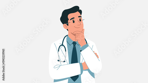 Thoughtful male doctor wearing glasses and a stethoscope contemplating an important medical decision or patient care