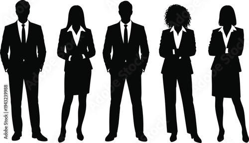 Silhouette illustration of diverse business professionals standing side by side, corporate attire, teamwork, leadership, workplace diversity, collaboration, unity