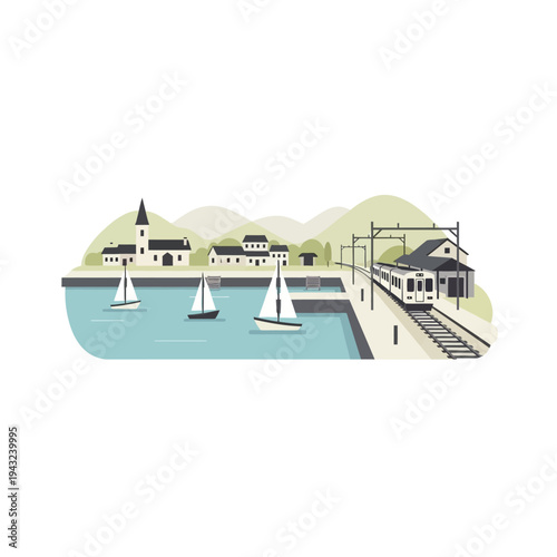 Sailboats docked near a train station.