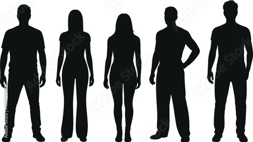 Silhouette illustration of diverse human figures standing upright, male and female body shapes, posture study, fashion design, ergonomic concept, lifestyle diversity, artistic representation