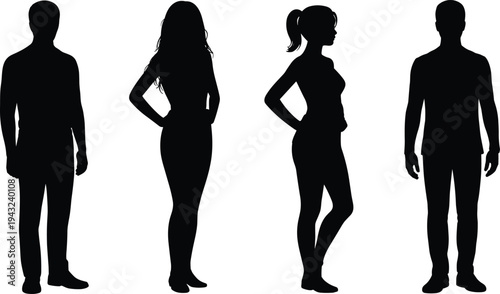 Silhouette illustration of male and female figures standing side by side, diverse human body shapes, posture study, fashion design, lifestyle concept, anatomical representation