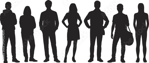 Silhouettes of diverse group of seven individuals standing side by side, representing teamwork, leadership, diversity, unity, fashion, identity, and human individuality concept