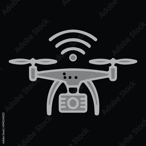 Black and grey silhouette icon of a drone with camera and Wi Fi signal . Minimalist drone icon with Wi-Fi signal, aerial photography, remote control, unmanned aircraft system vector .