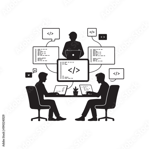 Black silhouette of developers working on laptops with code screens