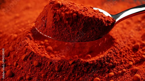 Close up of vibrant red powder with reflective metal spoon