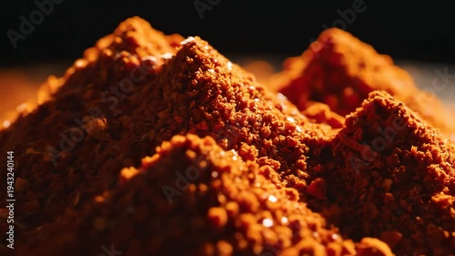 Close up of vibrant red powdered spice heap against dark background