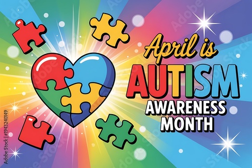 April is autism awareness month heart puzzle pieces radiating light bursts background for neurodiversity acceptance and inclusion campaign celebration event