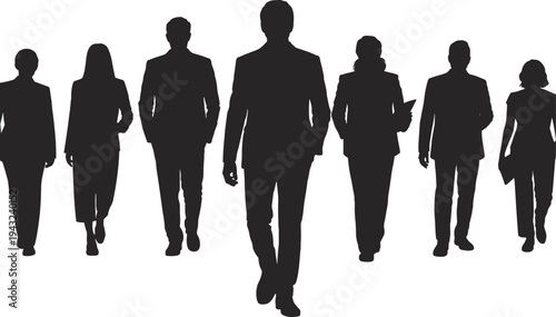 Silhouettes of seven business professionals walking forward together, symbolizing corporate teamwork, leadership, unity, diversity, success, collaboration