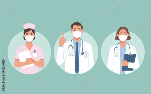 Three diverse medical professionals wearing face masks standing together for health protection and service