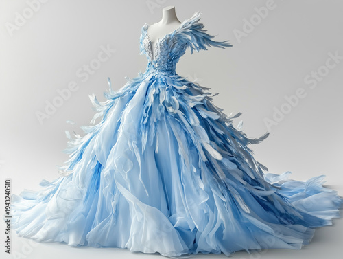 An elaborate light blue evening dress featuring a feathered bodice and a voluminous layered skirt is displayed on a mannequin.