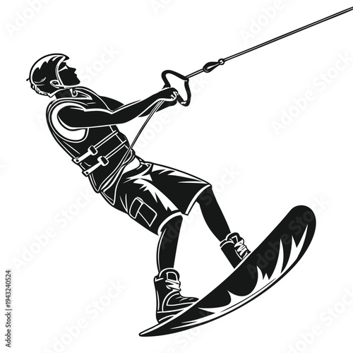 Vector illustration of wakeboarding silhouette vector - extreme sports athlete on water