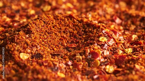 Close up shot of ground chili powder texture displaying color and detail