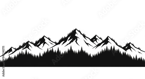 Majestic Mountain Range Silhouette with Pine Forest Below.