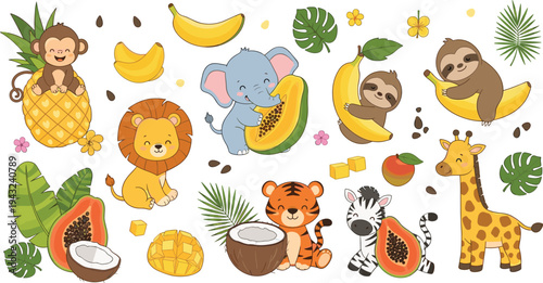 Cute Jungle Animals and Tropical Fruits Vector Set Featuring Monkey Sloth Lion Elephant Tiger Zebra Giraffe with Banana Papaya Coconut and Leaves