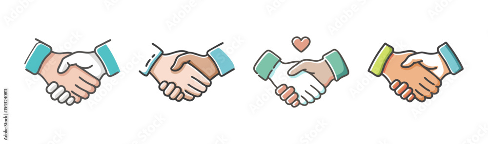 Fototapeta premium Handshake icons in various skin tones and colors signifying agreement and partnership.