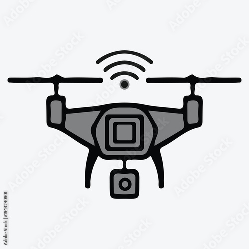 Black and grey silhouette icon of a drone with camera and Wi Fi signal . Minimalist drone icon with Wi-Fi signal, aerial photography, remote control, unmanned aircraft system vector .