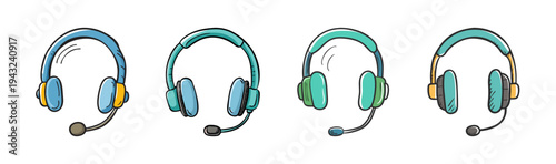 Collection of four hand-drawn cartoon style headphones with microphones for communication
