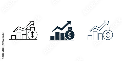 Outline icon set illustrating financial bar chart with dollar symbol and upward arrow, representing profit growth, investment success and economic progress.