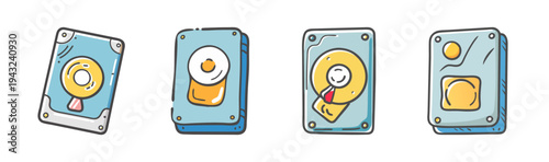 Set of four colorful cartoon hard disk drive icons for technology and data storage