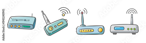 Modems and routers with Wi-Fi signals, illustrating internet connectivity and networking