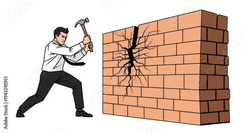 Man Breaking Brick Wall with Hammer.
