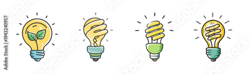 Set of four hand-drawn light bulbs illustrating energy efficiency and eco-friendly concepts.