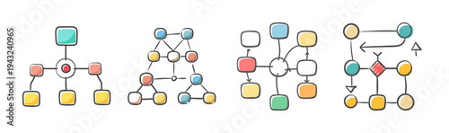 Drawn icons illustrating network diagrams, flowcharts, and organizational structures.