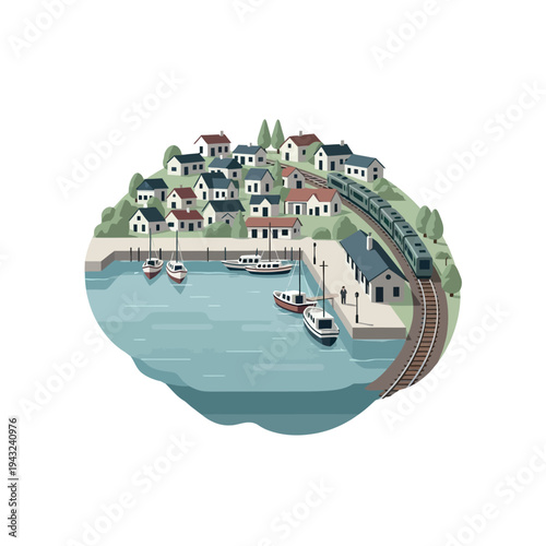 Illustration of a quaint seaside village scene.