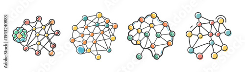 Collection of four hand-drawn icons representing neural networks with interconnected nodes and brain shapes.