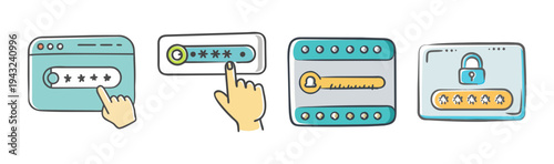 Collection of cartoon password field icons for online security and login.