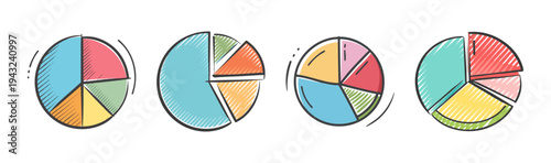 Hand-drawn pie charts and graphs for data visualization and analysis