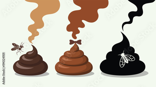 Three stylized cartoon piles of feces with accompanying flies and wafting odor on light background