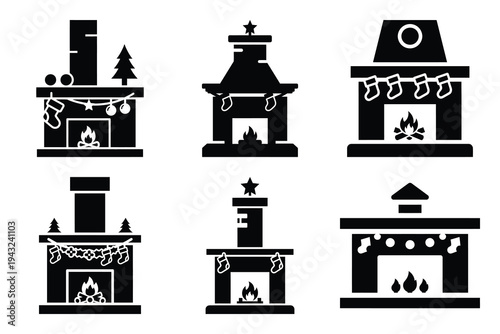 set of christmas fireplace icon elements collection.